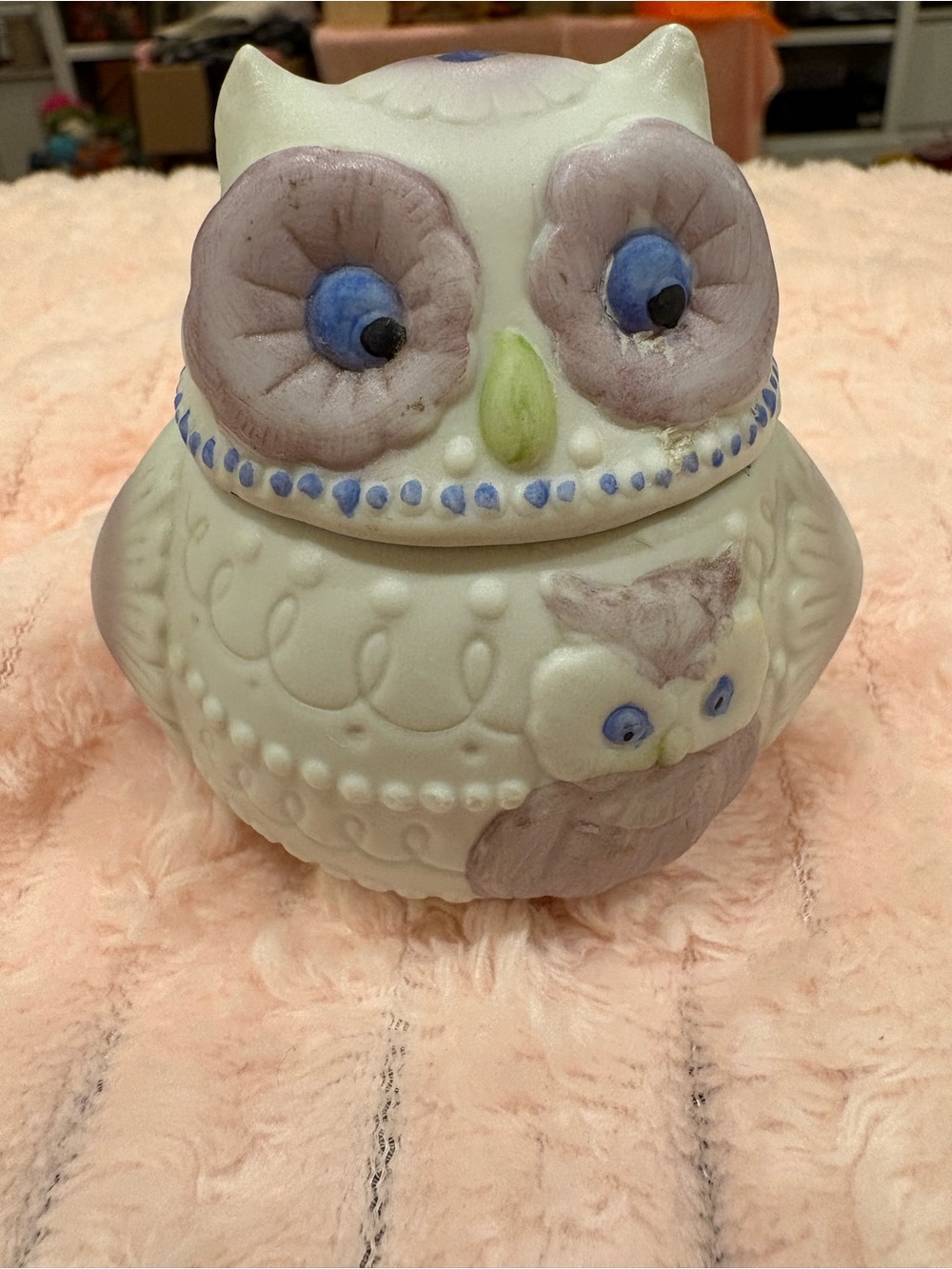 And branded vintage pottery bisque porcelain owl trinket box